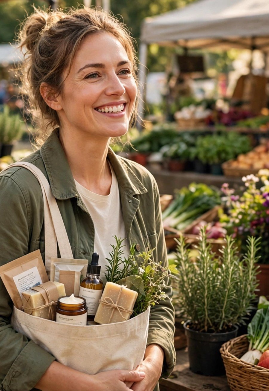 A shopper at a market holding a tote bag of natural goods