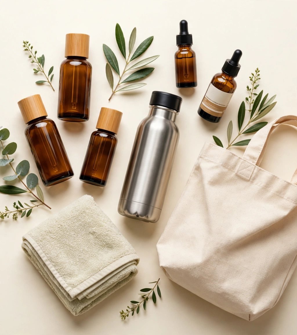 Natural skincare bottles, a water bottle, a tote bag and a towel