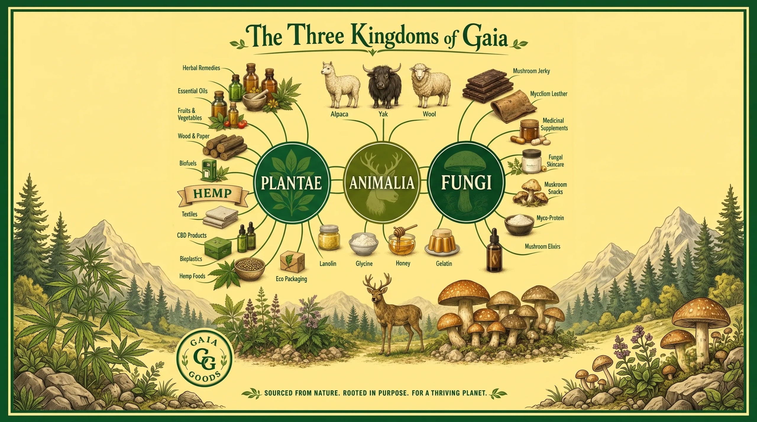 The Three Kingdoms of Gaia — Plantae, Animalia, and Fungi. Sourced from nature, rooted in purpose, for a thriving planet.